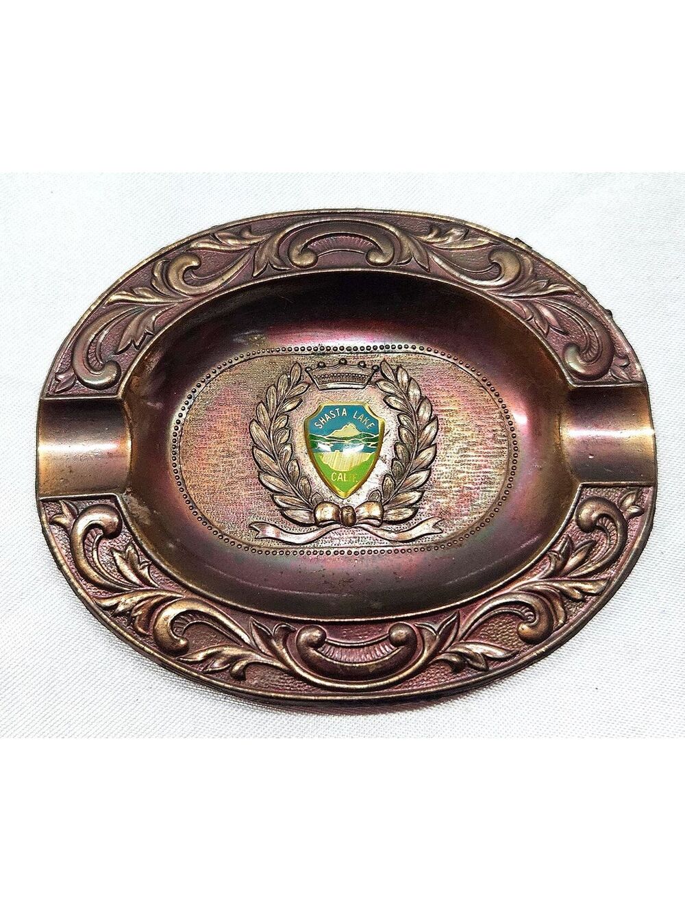 Vintage Shasta Lake California Souvenir Metal Ashtray Enamel Crest 3.5"